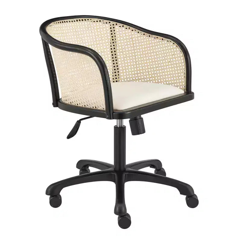 Chaise de bureau pivotante réglable à roulettes en bois massif, acier et rotin couleur beige et noir
