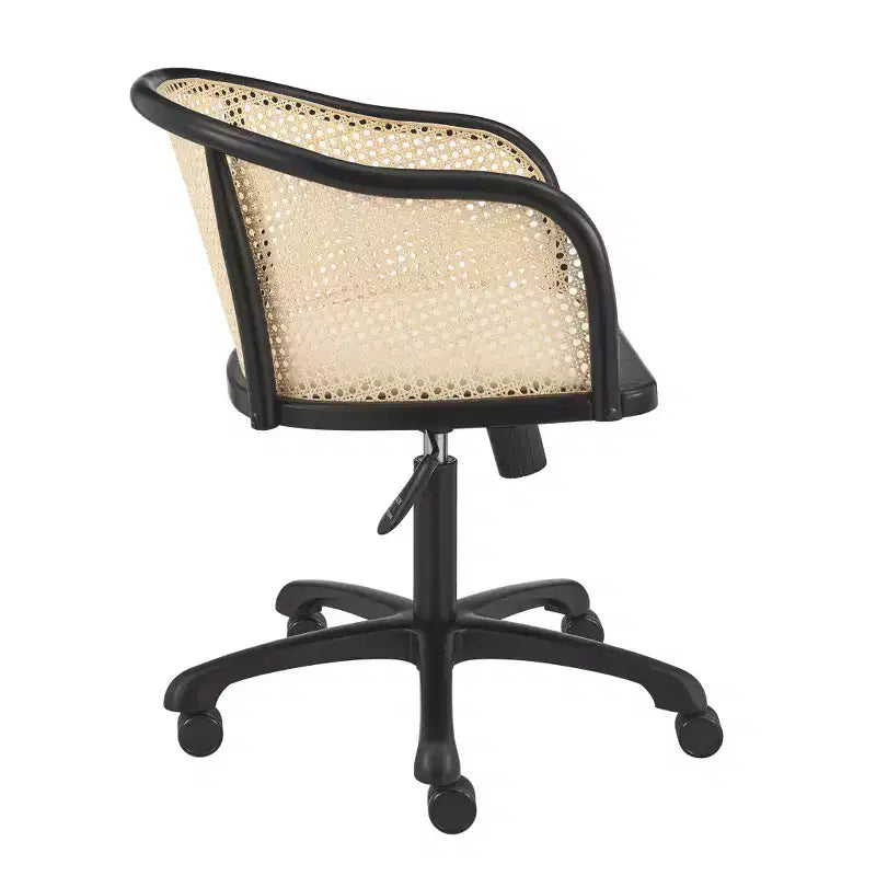 Chaise de bureau pivotante réglable à roulettes en bois massif, acier et rotin couleur beige et noir