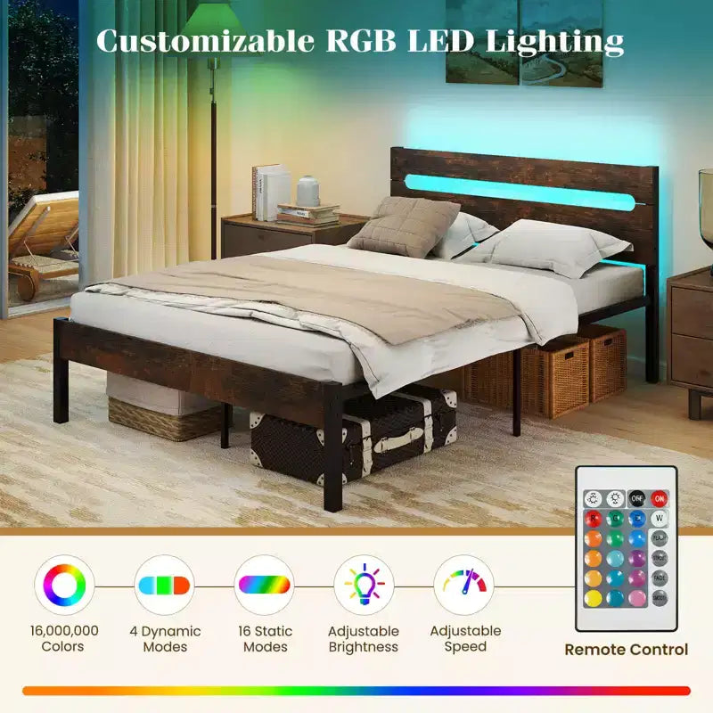 Cadre de lit double avec station de recharge intégrée et lumières LED RVB - Marron rustique/Noyer