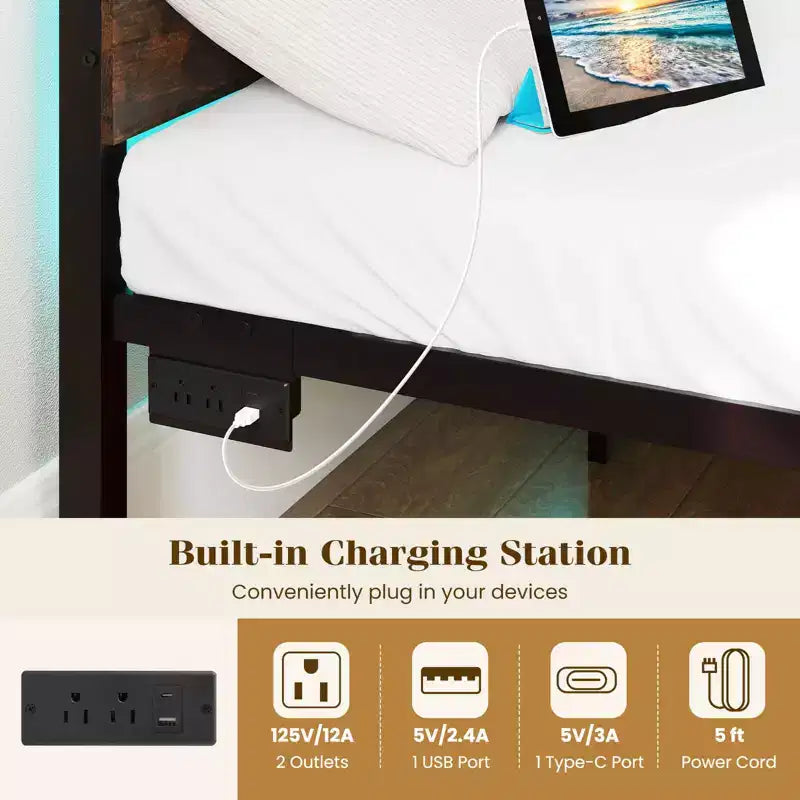 Cadre de lit double avec station de recharge intégrée et lumières LED RVB - Marron rustique/Noyer