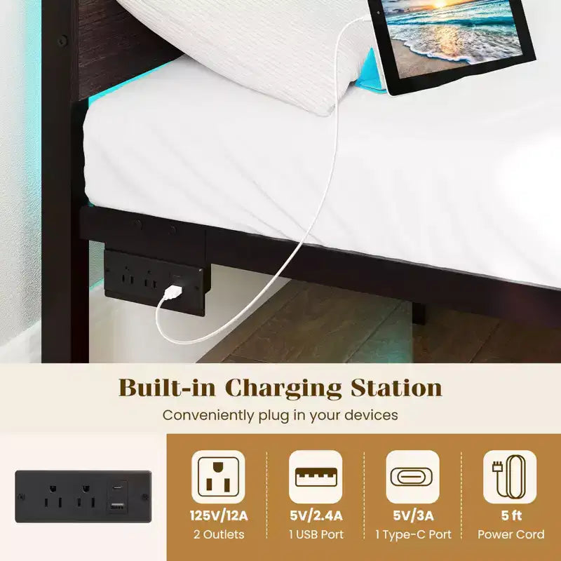 Cadre de lit double avec station de recharge intégrée et lumières LED RVB - Marron rustique/Noyer