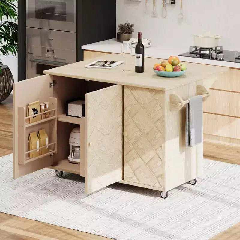 Îlot de cuisine roulant en placage de frêne tressé avec abattant et étagère de rangement interne