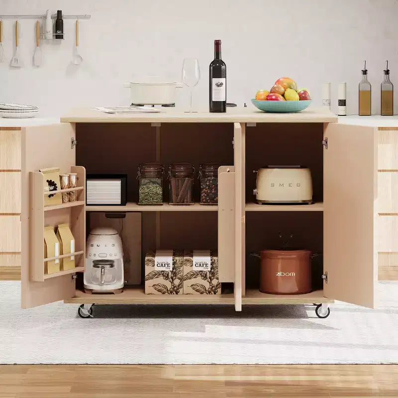 Îlot de cuisine roulant en placage de frêne tressé avec abattant et étagère de rangement interne