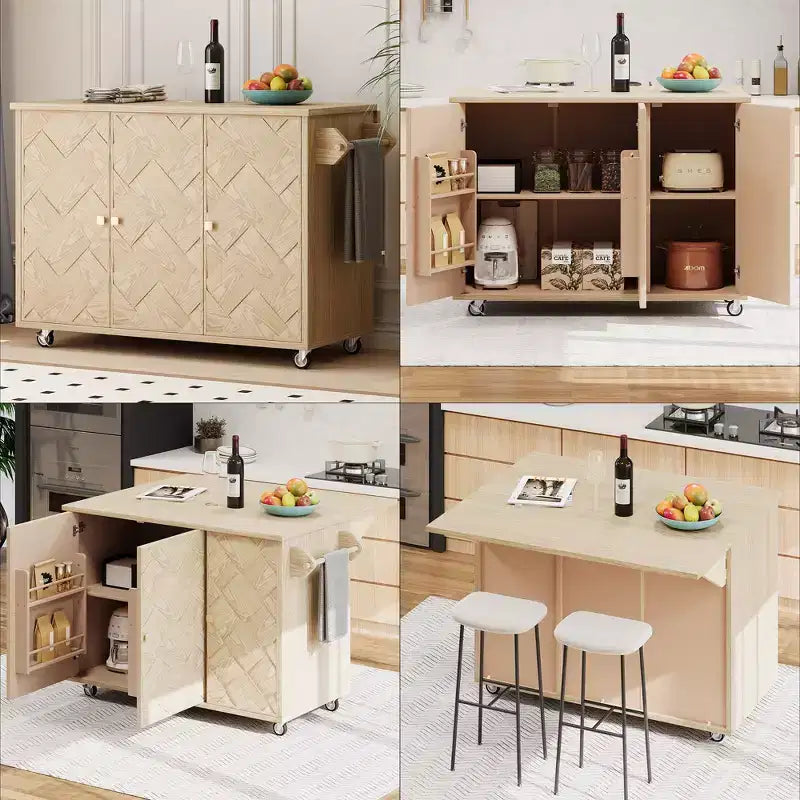 Îlot de cuisine roulant en placage de frêne tressé avec abattant et étagère de rangement interne