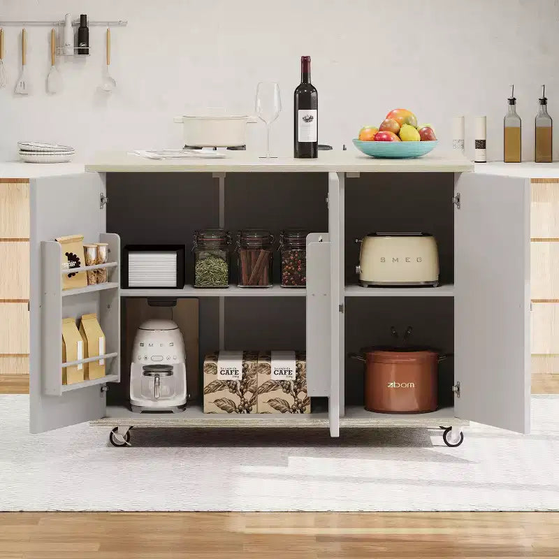Îlot de cuisine roulant en placage de frêne tressé avec abattant et étagère de rangement interne