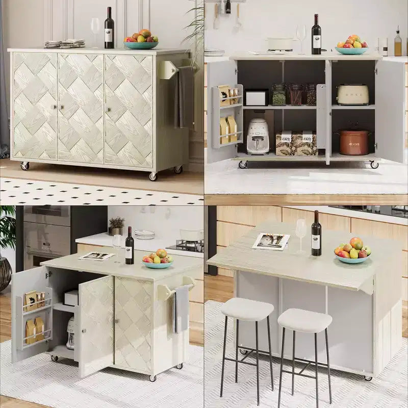 Îlot de cuisine roulant en placage de frêne tressé avec abattant et étagère de rangement interne