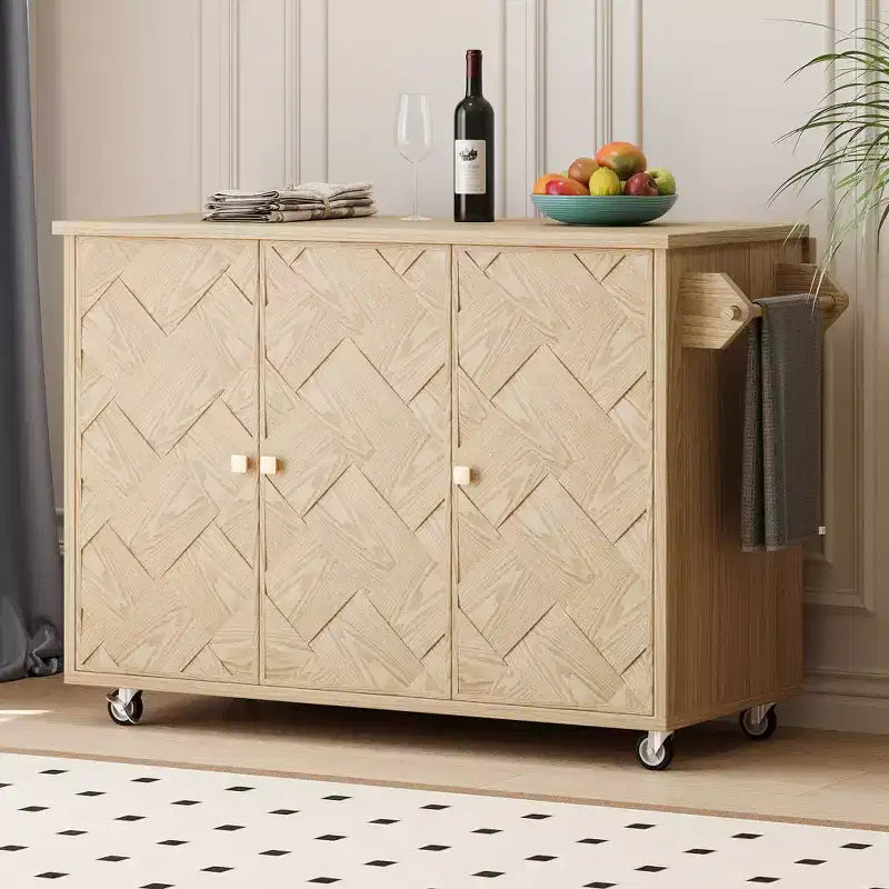 Îlot de cuisine roulant en placage de frêne tressé avec abattant et étagère de rangement interne