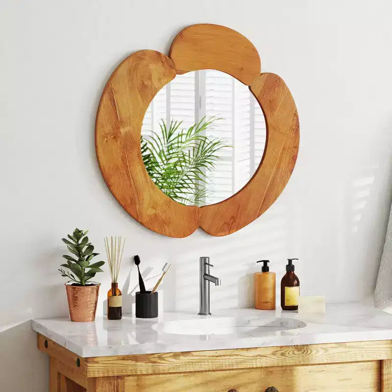 Miroir de courtoisie mural rustique irrégulier de 74 cm avec cadre en bois de teck
