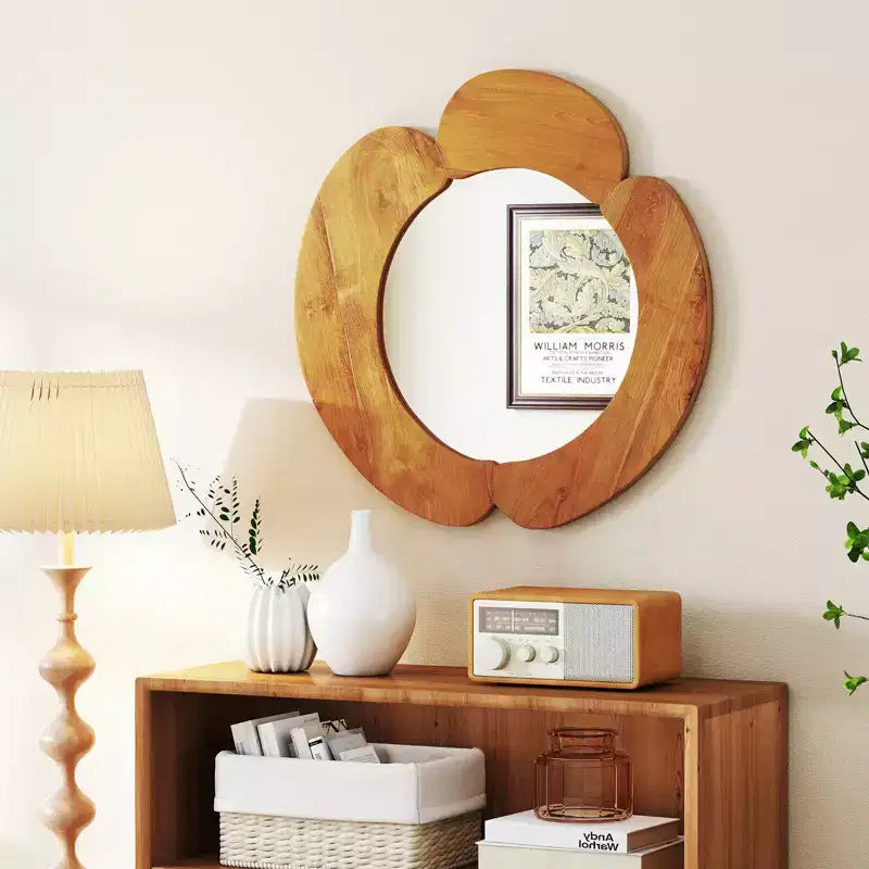 Miroir de courtoisie mural rustique irrégulier de 74 cm avec cadre en bois de teck