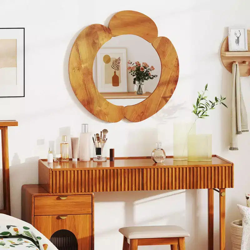 Miroir de courtoisie mural rustique irrégulier de 74 cm avec cadre en bois de teck