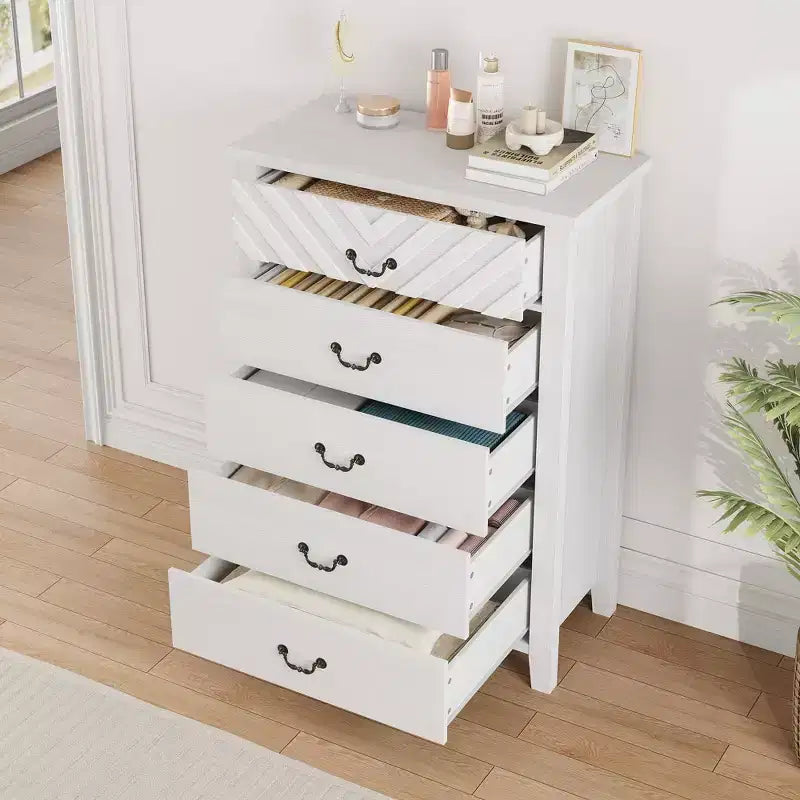 Commode de chambre verticale à 5 tiroirs en bois de ferme de 114,8 cm de haut avec rangement, meuble de rangement autonome pour chambre à coucher