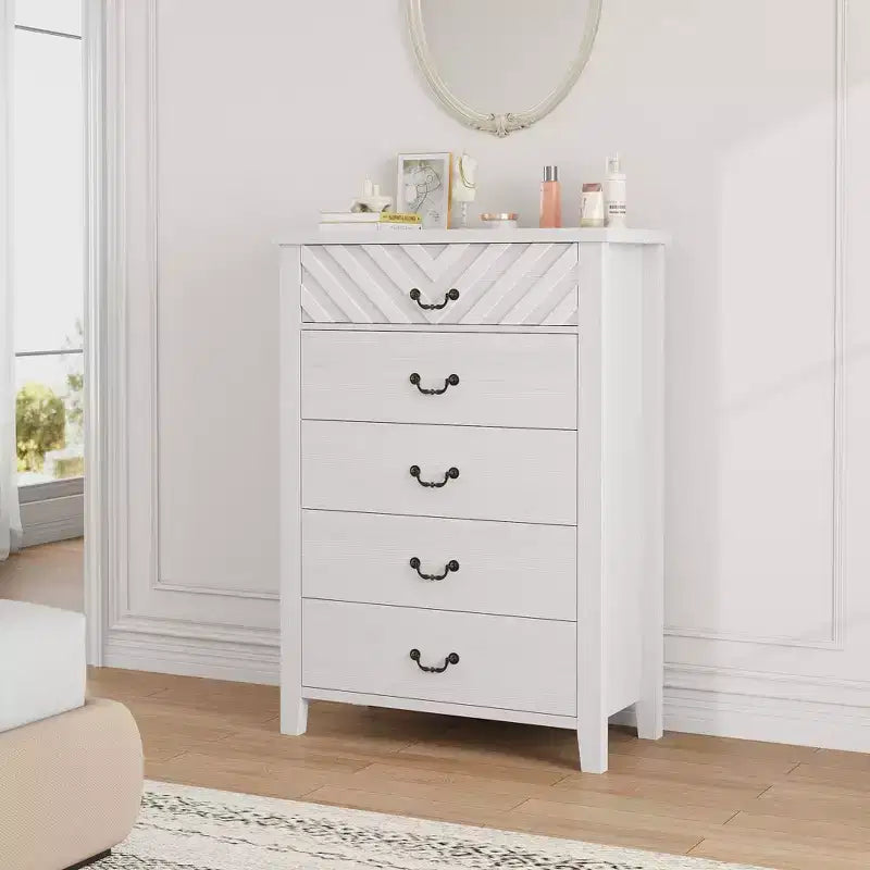 Commode de chambre verticale à 5 tiroirs en bois de ferme de 114,8 cm de haut avec rangement, meuble de rangement autonome pour chambre à coucher