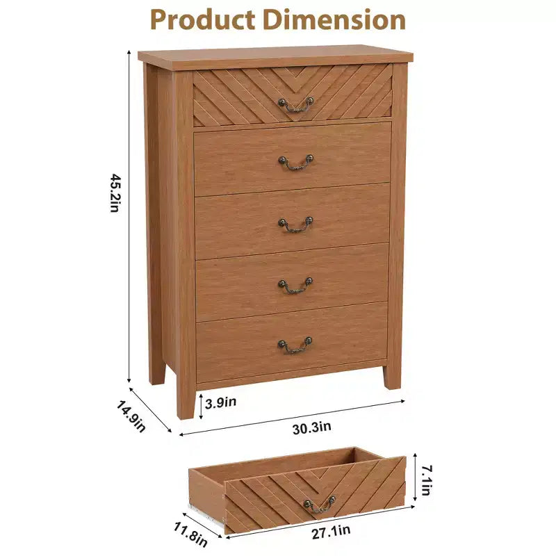 Commode de chambre verticale à 5 tiroirs en bois de ferme de 114,8 cm de haut avec rangement, meuble de rangement autonome pour chambre à coucher