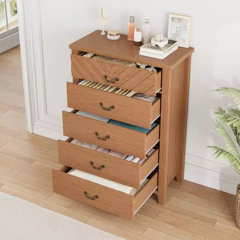 Commode de chambre verticale à 5 tiroirs en bois de ferme de 114,8 cm de haut avec rangement, meuble de rangement autonome pour chambre à coucher