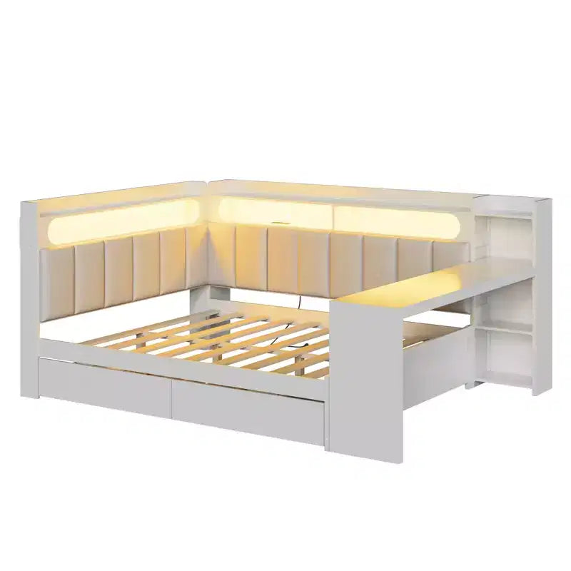 Lit de repos double avec étagères de rangement, station de charge, lumière LED et bureau