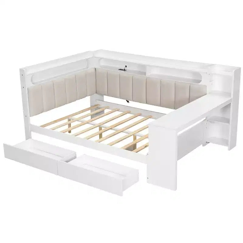 Lit de repos double avec étagères de rangement, station de charge, lumière LED et bureau