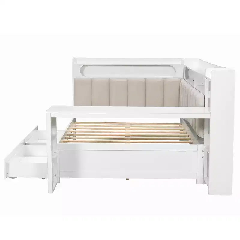 Lit de repos double avec étagères de rangement, station de charge, lumière LED et bureau