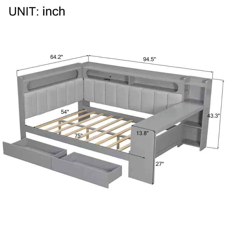 Lit de repos double avec étagères de rangement, station de charge, lumière LED et bureau