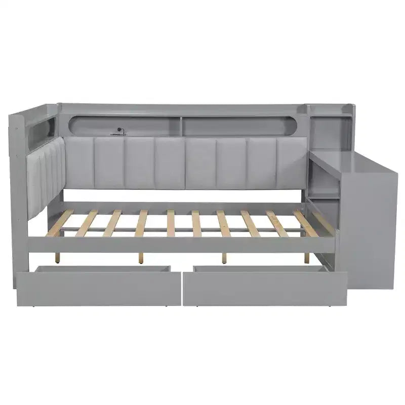 Lit de repos double avec étagères de rangement, station de charge, lumière LED et bureau