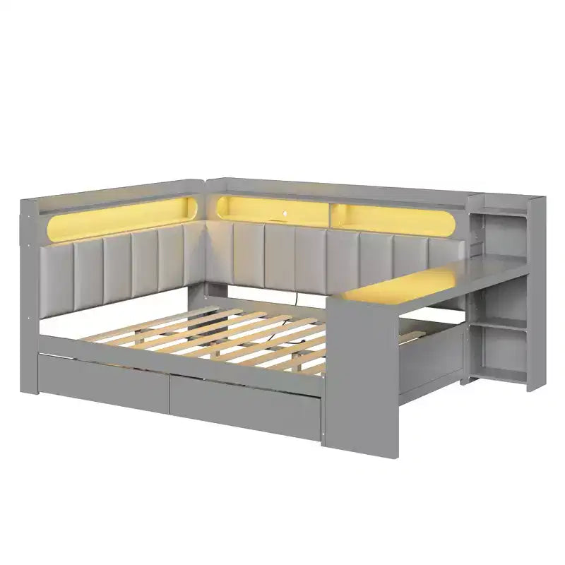 Lit de repos double avec étagères de rangement, station de charge, lumière LED et bureau