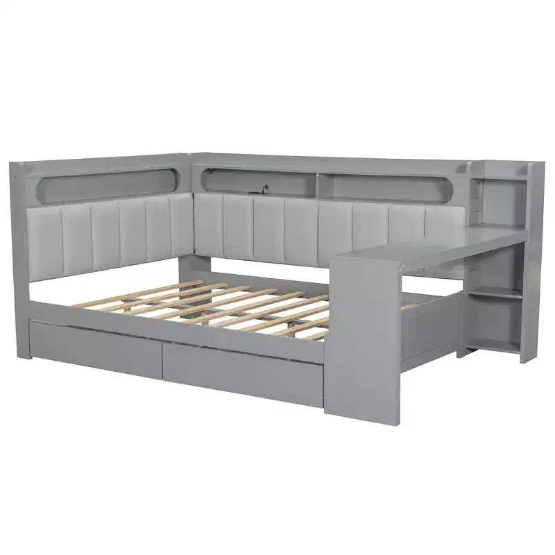 Lit de repos double avec étagères de rangement, station de charge, lumière LED et bureau