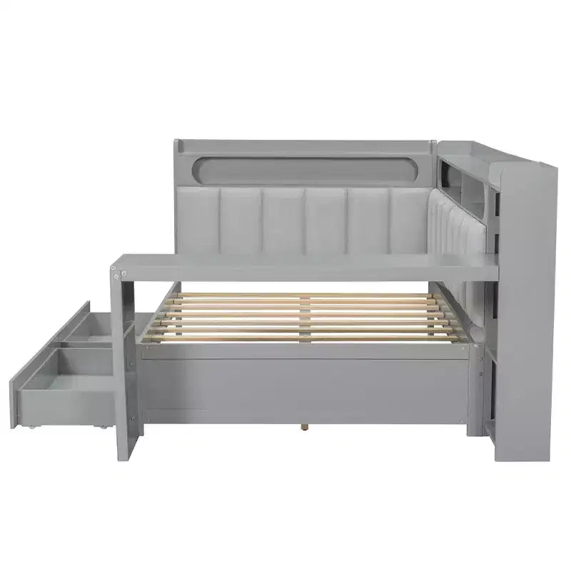 Lit de repos double avec étagères de rangement, station de charge, lumière LED et bureau