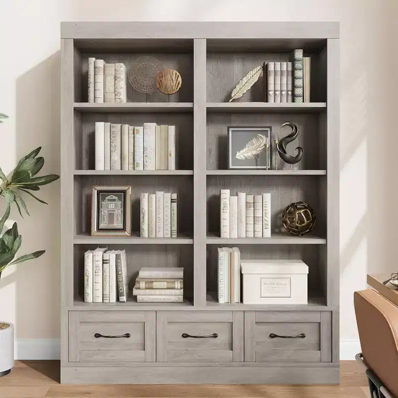 Étagère en bois de 162 cm de hauteur avec 3 tiroirs de rangement et 4 étagères ouvertes.