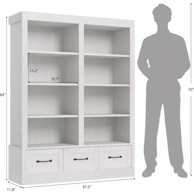 Étagère en bois de 162 cm de hauteur avec 3 tiroirs de rangement et 4 étagères ouvertes.