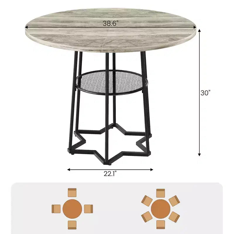 Table à manger ronde pour 4 personnes, table de cuisine de style campagnard de 38,6 po avec plateau en bois, base en métal et étagère de rangement