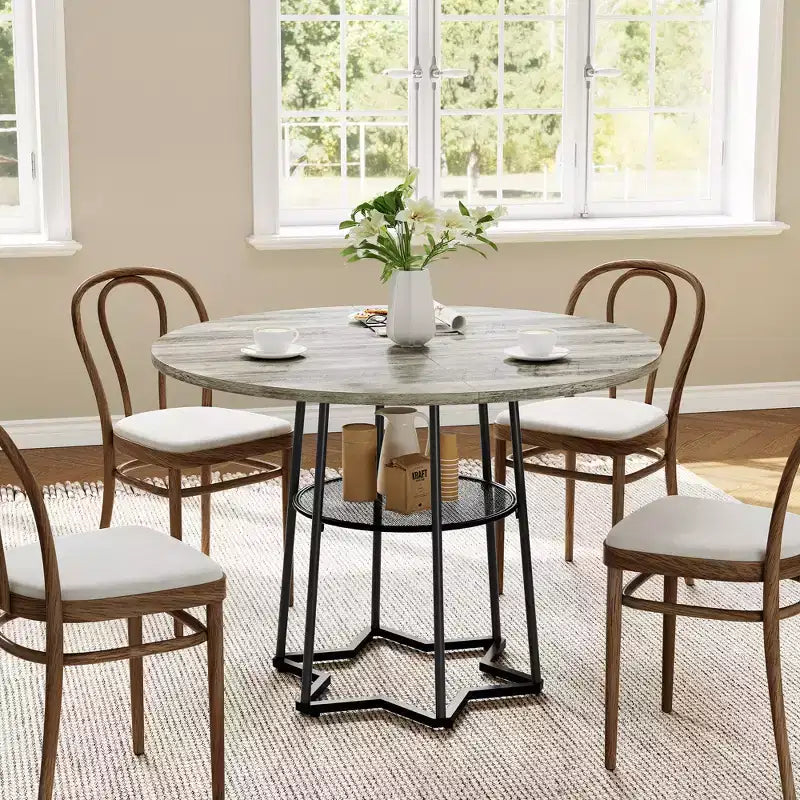 Table à manger ronde pour 4 personnes, table de cuisine de style campagnard de 38,6 po avec plateau en bois, base en métal et étagère de rangement
