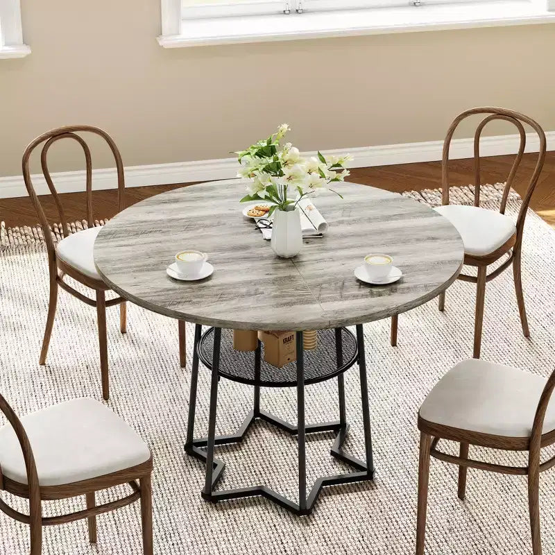 Table à manger ronde pour 4 personnes, table de cuisine de style campagnard de 38,6 po avec plateau en bois, base en métal et étagère de rangement