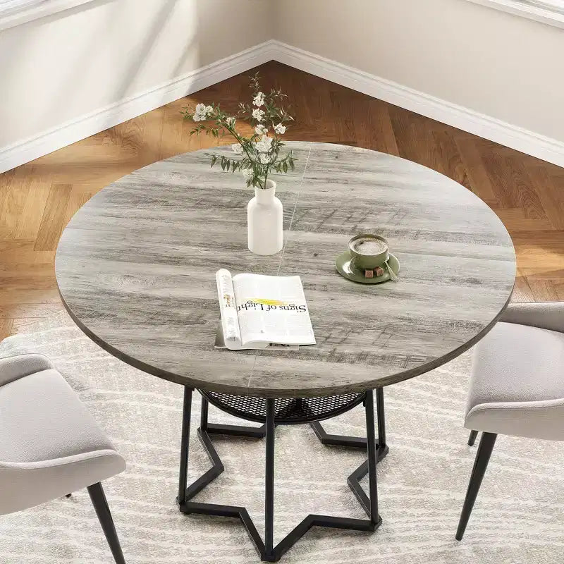Table à manger ronde pour 4 personnes, table de cuisine de style campagnard de 38,6 po avec plateau en bois, base en métal et étagère de rangement