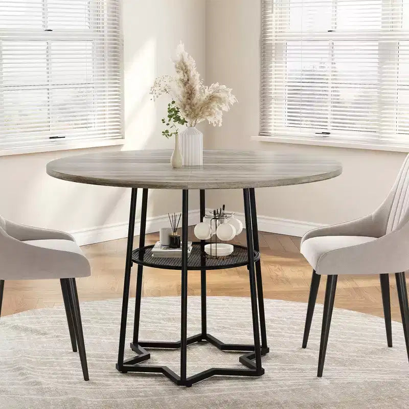 Table à manger ronde pour 4 personnes, table de cuisine de style campagnard de 38,6 po avec plateau en bois, base en métal et étagère de rangement