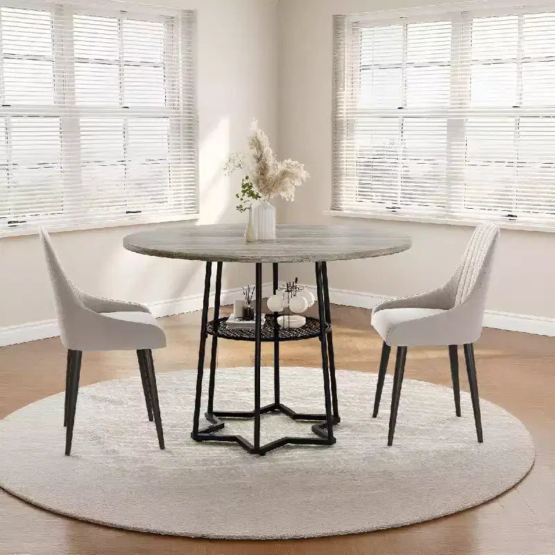 Table à manger ronde pour 4 personnes, table de cuisine de style campagnard de 38,6 po avec plateau en bois, base en métal et étagère de rangement