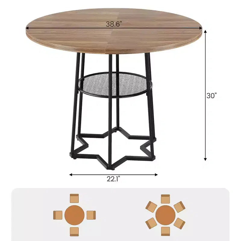 Table à manger ronde pour 4 personnes, table de cuisine de style campagnard de 38,6 po avec plateau en bois, base en métal et étagère de rangement