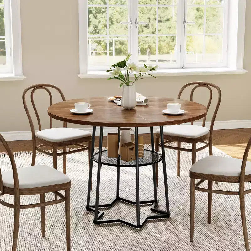 Table à manger ronde pour 4 personnes, table de cuisine de style campagnard de 38,6 po avec plateau en bois, base en métal et étagère de rangement