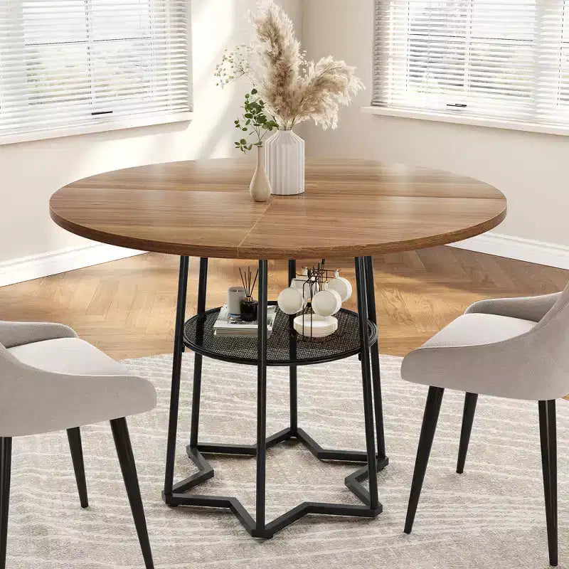 Table à manger ronde pour 4 personnes, table de cuisine de style campagnard de 38,6 po avec plateau en bois, base en métal et étagère de rangement