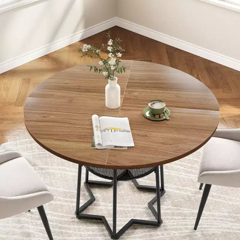 Table à manger ronde pour 4 personnes, table de cuisine de style campagnard de 38,6 po avec plateau en bois, base en métal et étagère de rangement