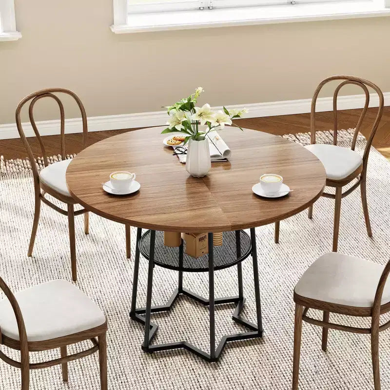 Table à manger ronde pour 4 personnes, table de cuisine de style campagnard de 38,6 po avec plateau en bois, base en métal et étagère de rangement