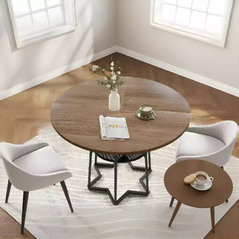 Table à manger ronde pour 4 personnes, table de cuisine de style campagnard de 38,6 po avec plateau en bois, base en métal et étagère de rangement