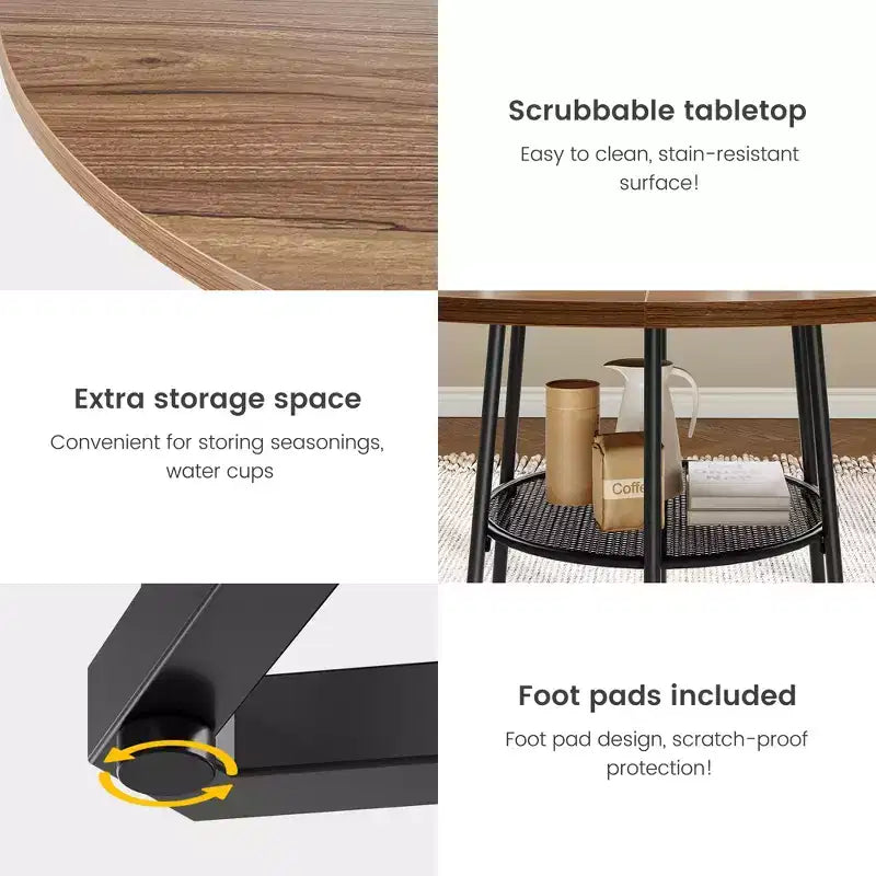 Table à manger ronde pour 4 personnes, table de cuisine de style campagnard de 38,6 po avec plateau en bois, base en métal et étagère de rangement