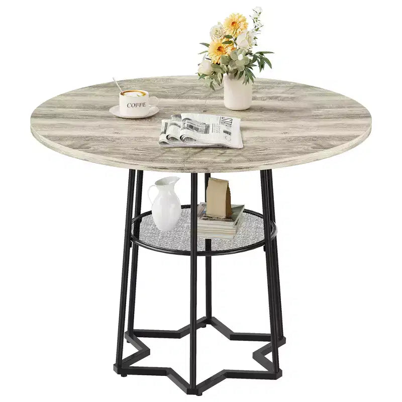 Table à manger ronde pour 4 personnes, table de cuisine de style campagnard de 38,6 po avec plateau en bois, base en métal et étagère de rangement