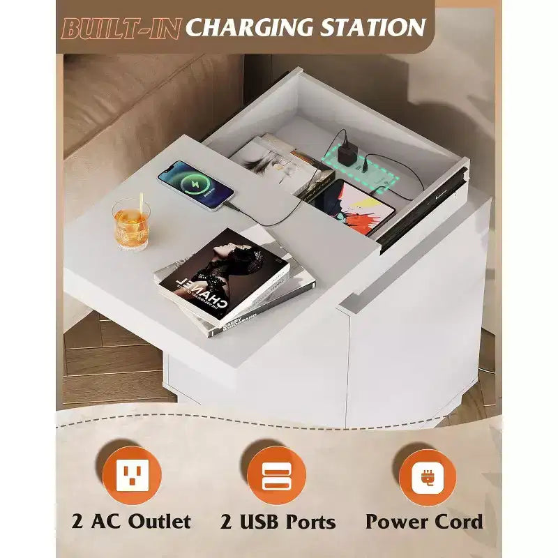 Table de chevet LED avec station de recharge, 2 tiroirs en bois et plateau coulissant