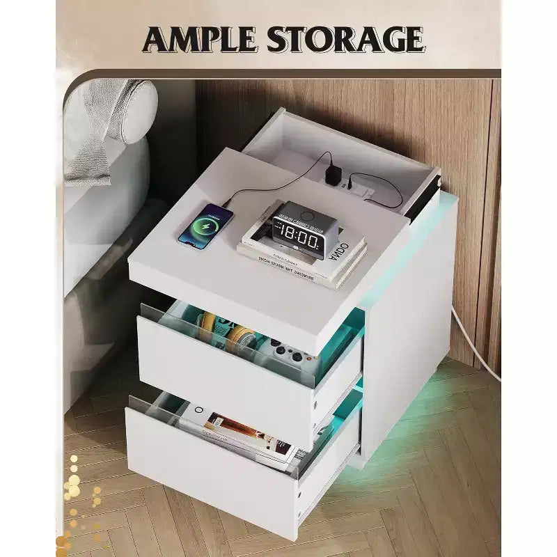 Table de chevet LED avec station de recharge, 2 tiroirs en bois et plateau coulissant