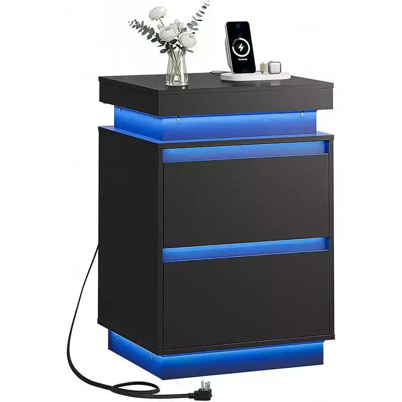 Table de chevet LED avec station de recharge, 2 tiroirs en bois et plateau coulissant