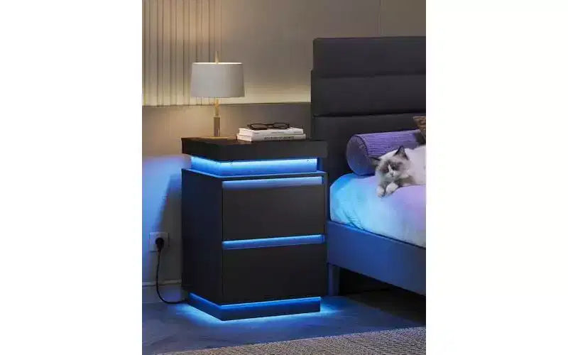 Table de chevet LED avec station de recharge, 2 tiroirs en bois et plateau coulissant