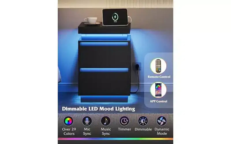 Table de chevet LED avec station de recharge, 2 tiroirs en bois et plateau coulissant