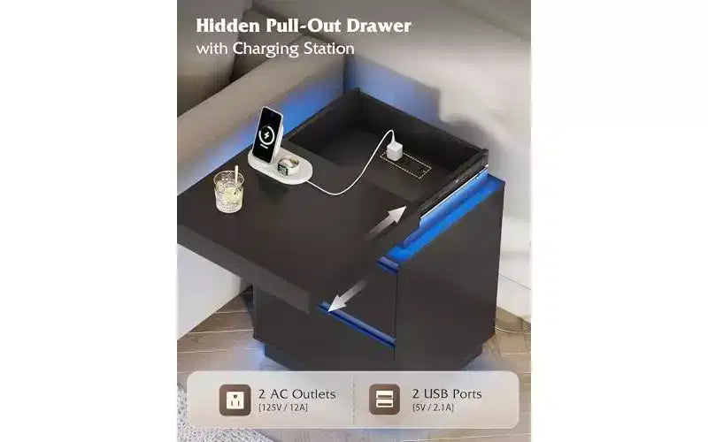 Table de chevet LED avec station de recharge, 2 tiroirs en bois et plateau coulissant
