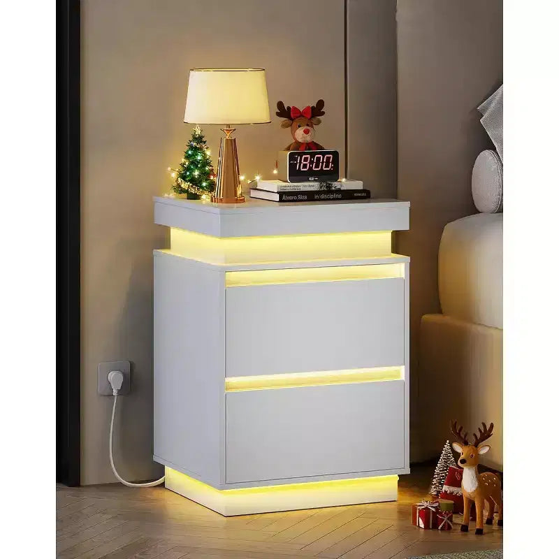 Table de chevet LED avec station de recharge, 2 tiroirs en bois et plateau coulissant