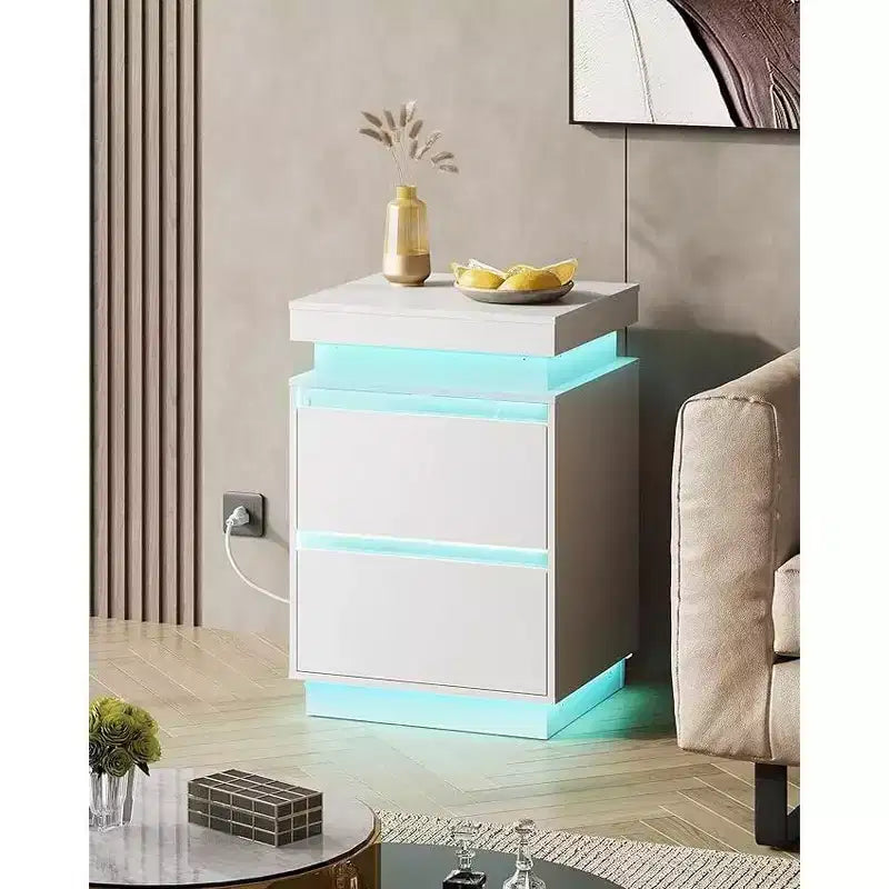 Table de chevet LED avec station de recharge, 2 tiroirs en bois et plateau coulissant